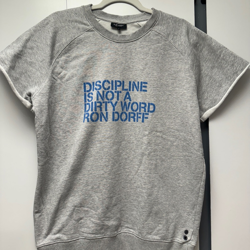 Ron Dorff cutoff sweatshirt gray wiith blue lettering size large
